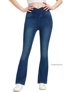 High Waisted Flared Jeans Tummy Control Stretchy Denim Pants Welt Pockets